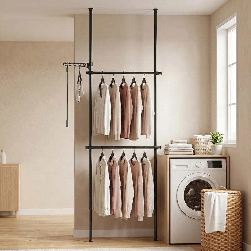 Adjustable Floor-to-Ceiling Clothes Rack with 2 Hanging Rods, Black