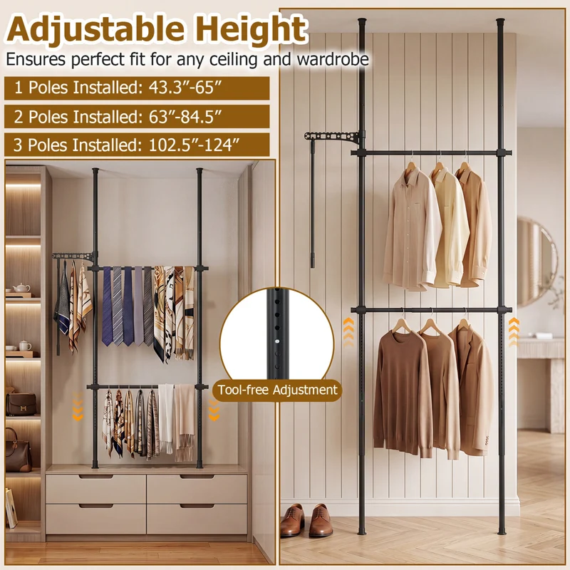 Adjustable Floor-to-Ceiling Clothes Rack with 2 Hanging Rods, Black
