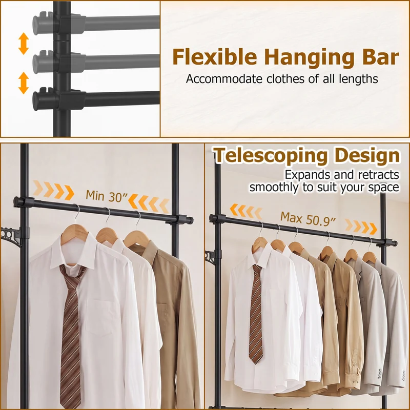 Adjustable Floor-to-Ceiling Clothes Rack with 2 Hanging Rods, Black