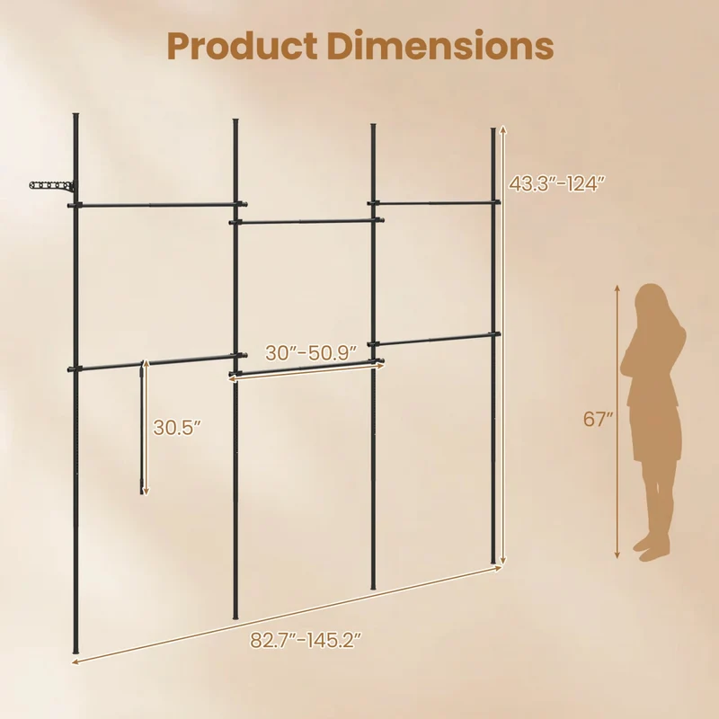 Adjustable Floor to Ceiling Clothes Rack with 6 Hanging Rods, Black