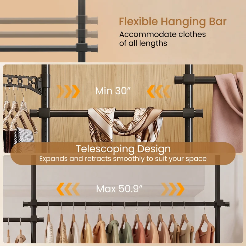 Adjustable Floor to Ceiling Clothes Rack with 6 Hanging Rods, Black