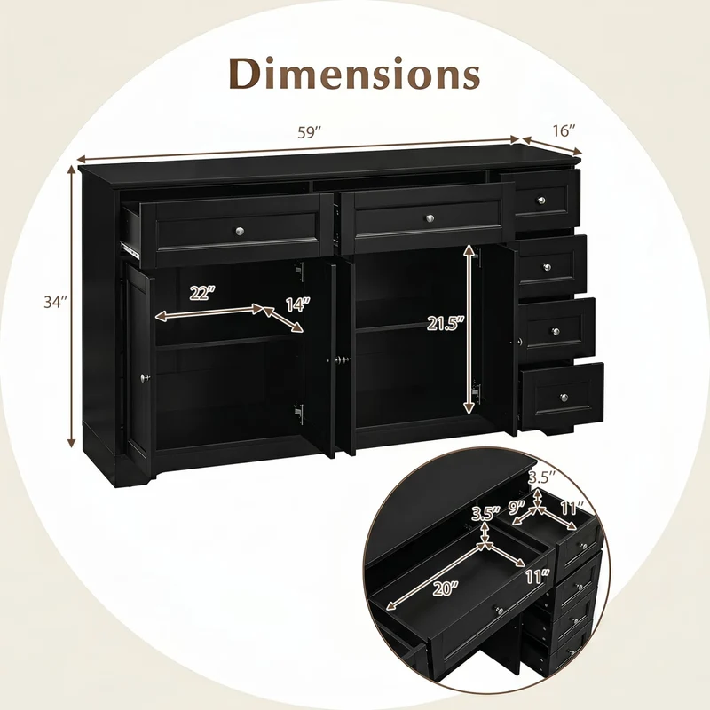 Buffet Sideboard 59" Console Table, Black