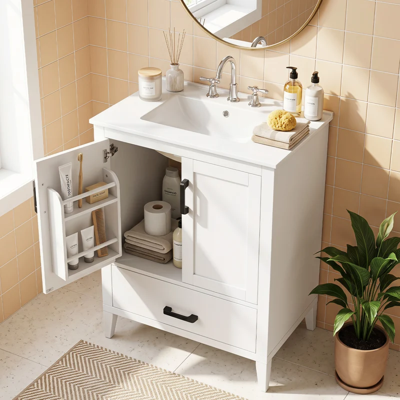 24.5" Modern Bathroom Vanity With Sink, 2 Doors And Drawer, White