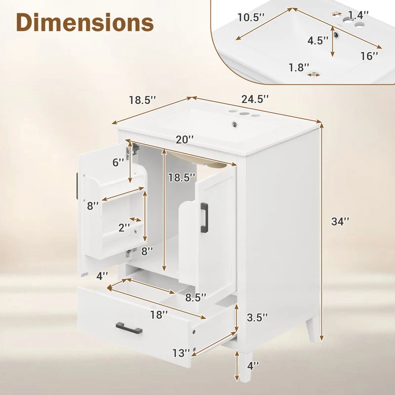 24.5" Modern Bathroom Vanity With Sink, 2 Doors And Drawer, White