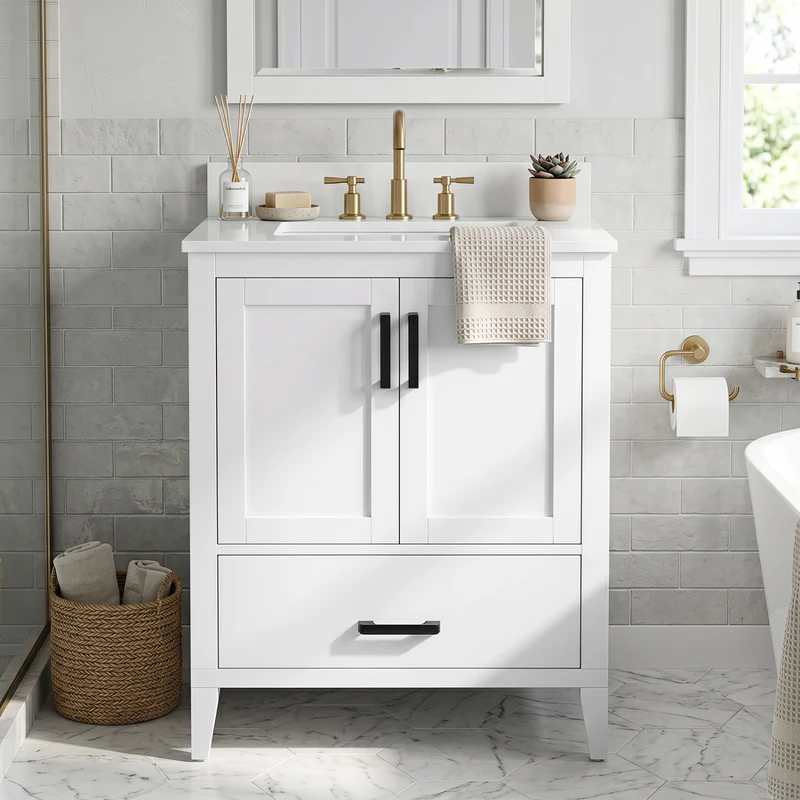 24.5" Modern Bathroom Vanity With Sink, 2 Doors And Drawer, White