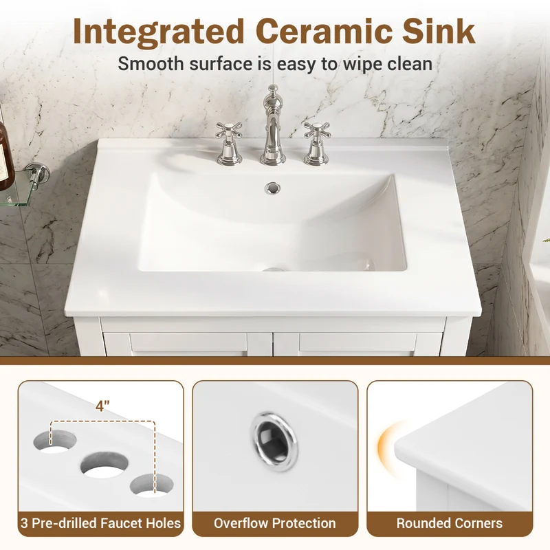 24.5" Modern Bathroom Vanity With Sink, 2 Doors And Drawer, White