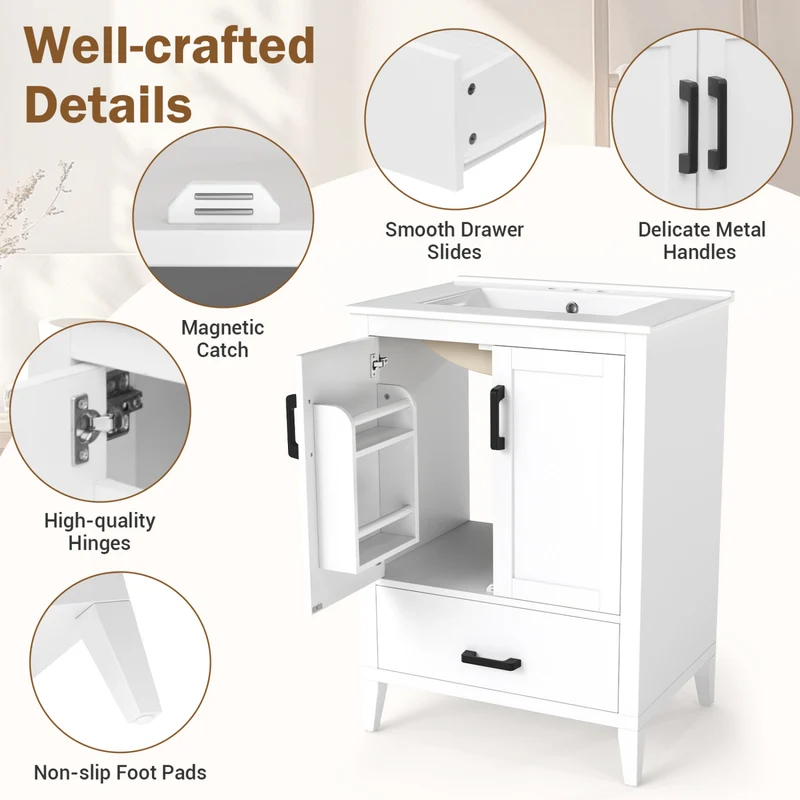 24.5" Modern Bathroom Vanity With Sink, 2 Doors And Drawer, White