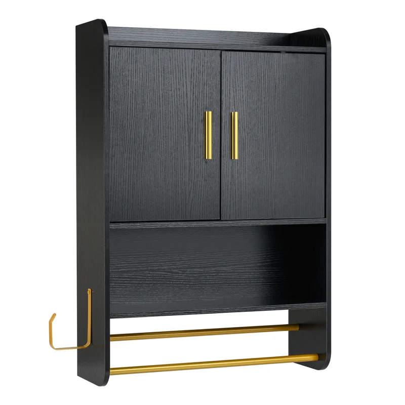 Bathroom Wall Cabinet With Towel Bars, Black