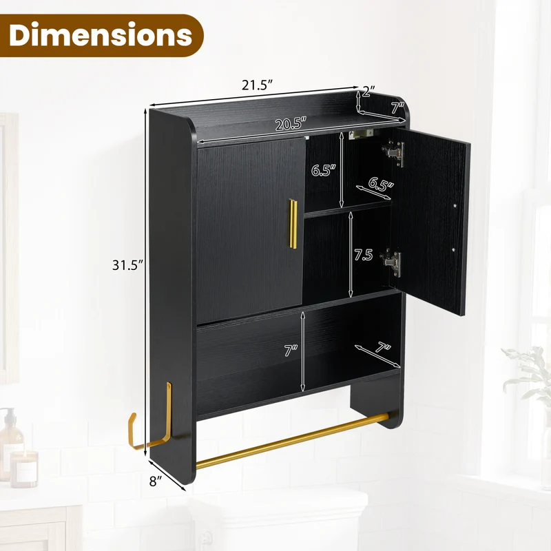 Bathroom Wall Cabinet With Towel Bars, Black