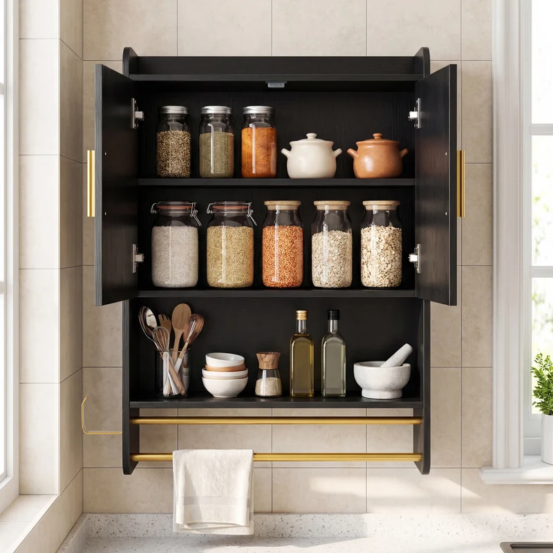 Bathroom Wall Cabinet With Towel Bars, Black