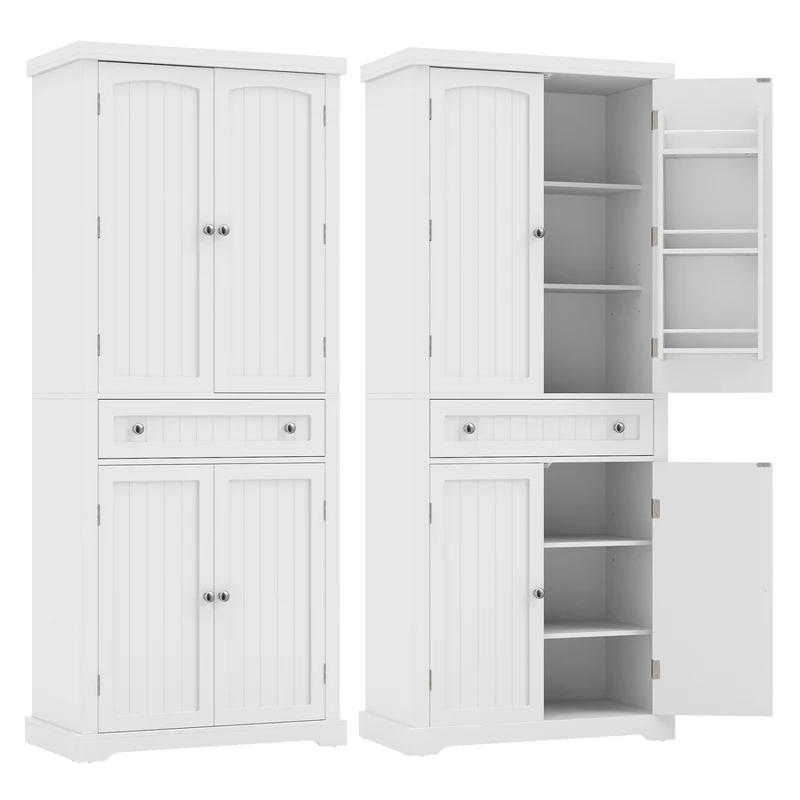 72" Tall Kitchen Pantry Cabinet, 4 Fluted Doors, 6 Shelves, White