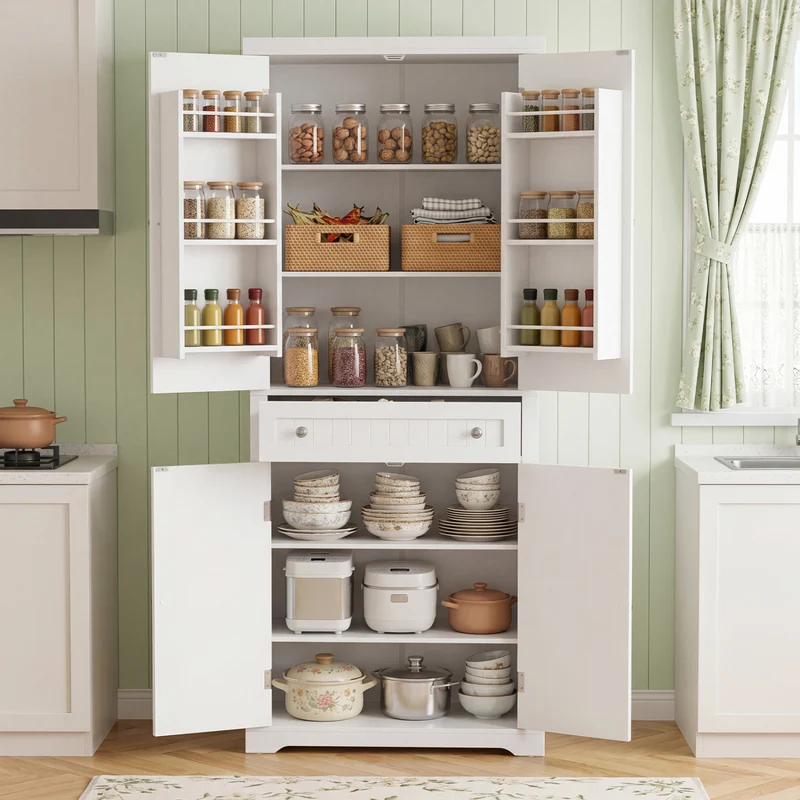 72" Tall Kitchen Pantry Cabinet, 4 Fluted Doors, 6 Shelves, White