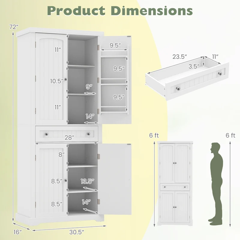 72" Tall Kitchen Pantry Cabinet, 4 Fluted Doors, 6 Shelves, White