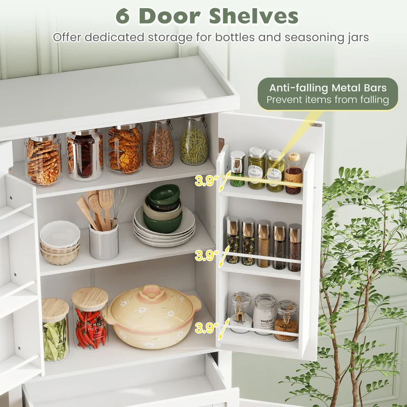 72" Tall Kitchen Pantry Cabinet, 4 Fluted Doors, 6 Shelves, White
