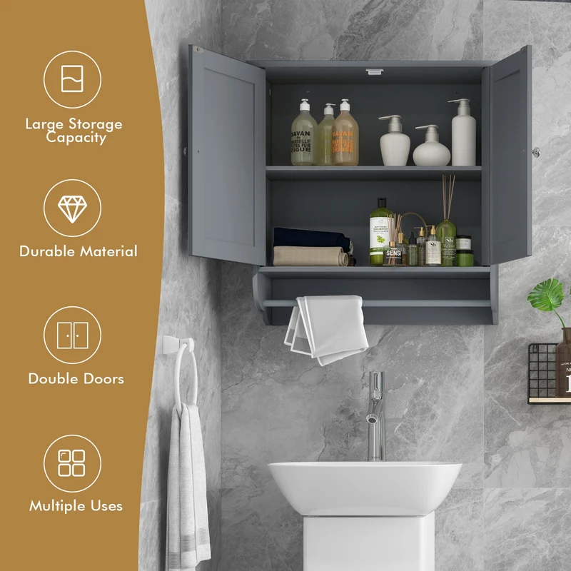 Wall Mounted Bathroom Storage Medicine Cabinet with Towel Bar, Gray