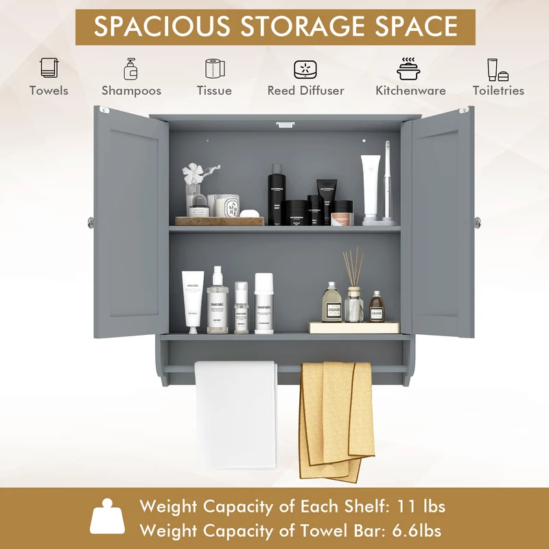 Wall Mounted Bathroom Storage Medicine Cabinet with Towel Bar, Gray