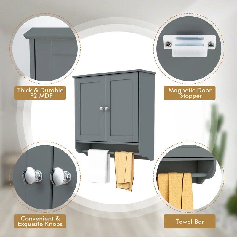 Wall Mounted Bathroom Storage Medicine Cabinet with Towel Bar, Gray