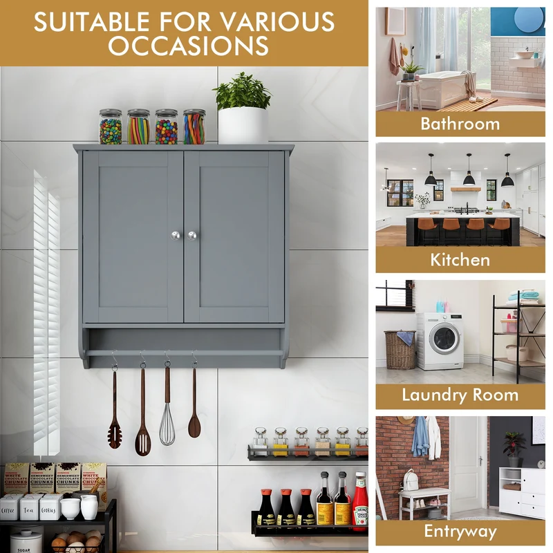 Wall Mounted Bathroom Storage Medicine Cabinet with Towel Bar, Gray