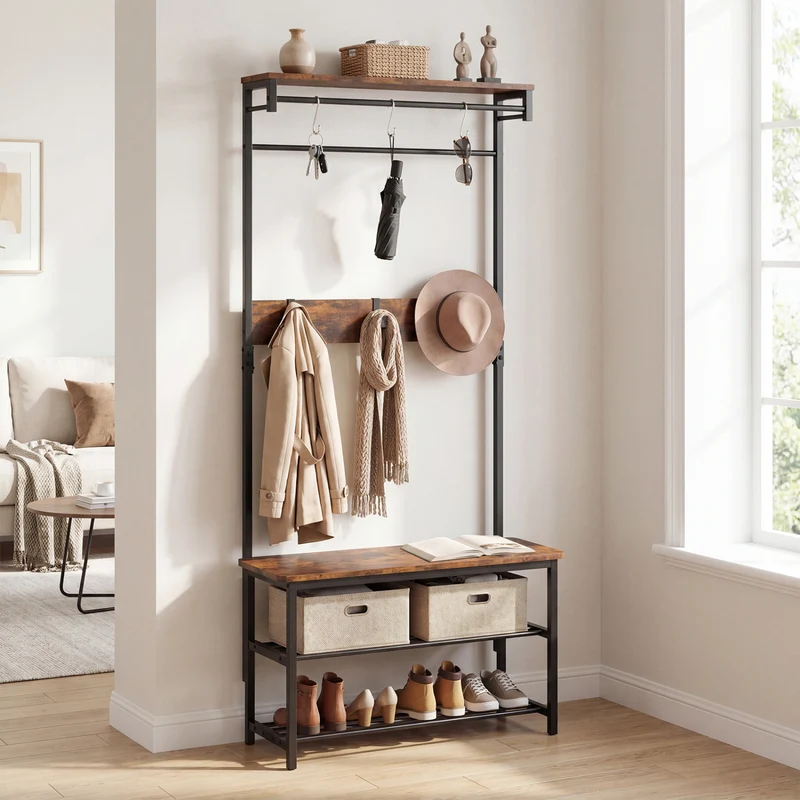 Coat Rack With Shoe Bench, 4-In-1 Hall Tree, Brown