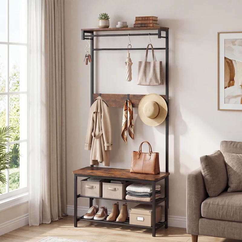 Coat Rack With Shoe Bench, 4-In-1 Hall Tree, Brown