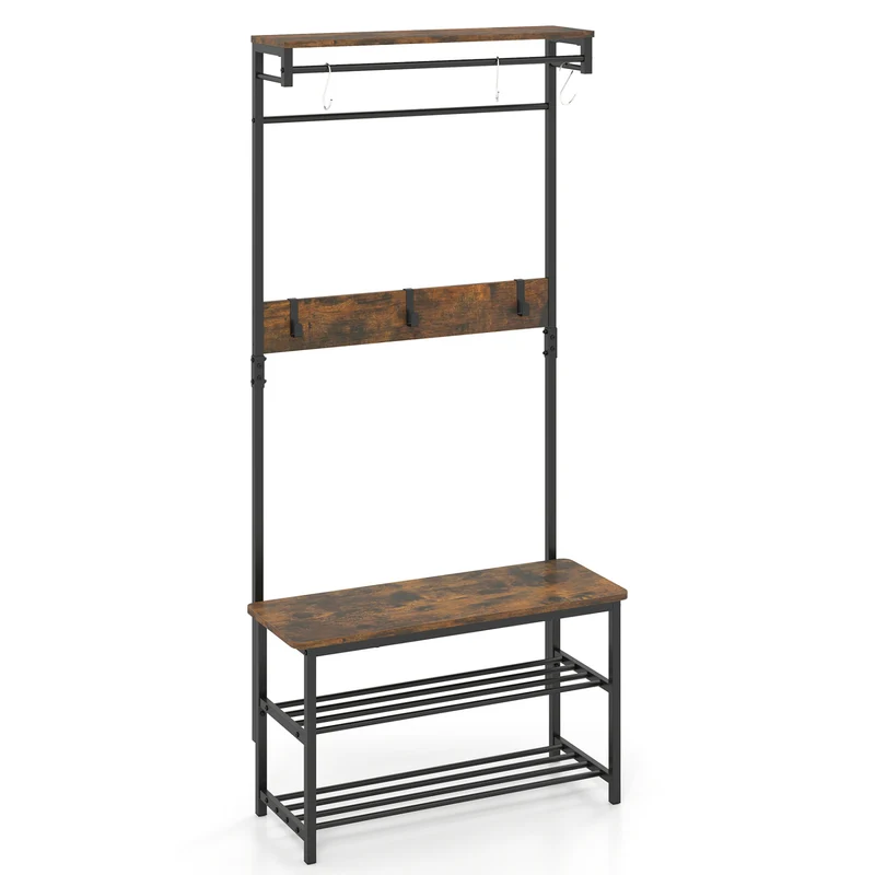 Coat Rack With Shoe Bench, 4-In-1 Hall Tree, Brown