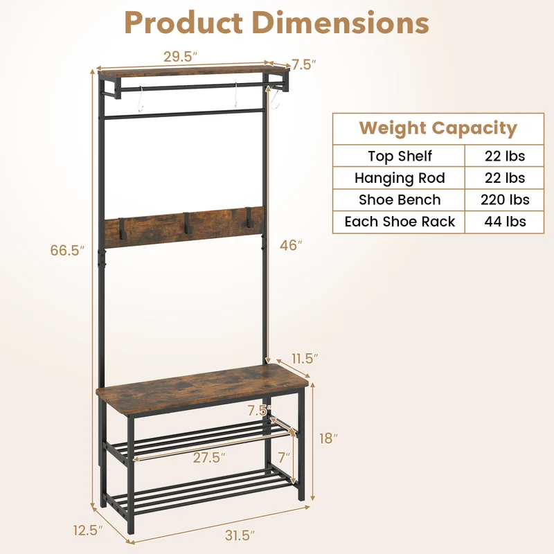 Coat Rack With Shoe Bench, 4-In-1 Hall Tree, Brown