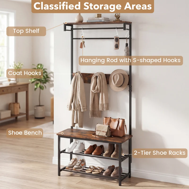 Coat Rack With Shoe Bench, 4-In-1 Hall Tree, Brown