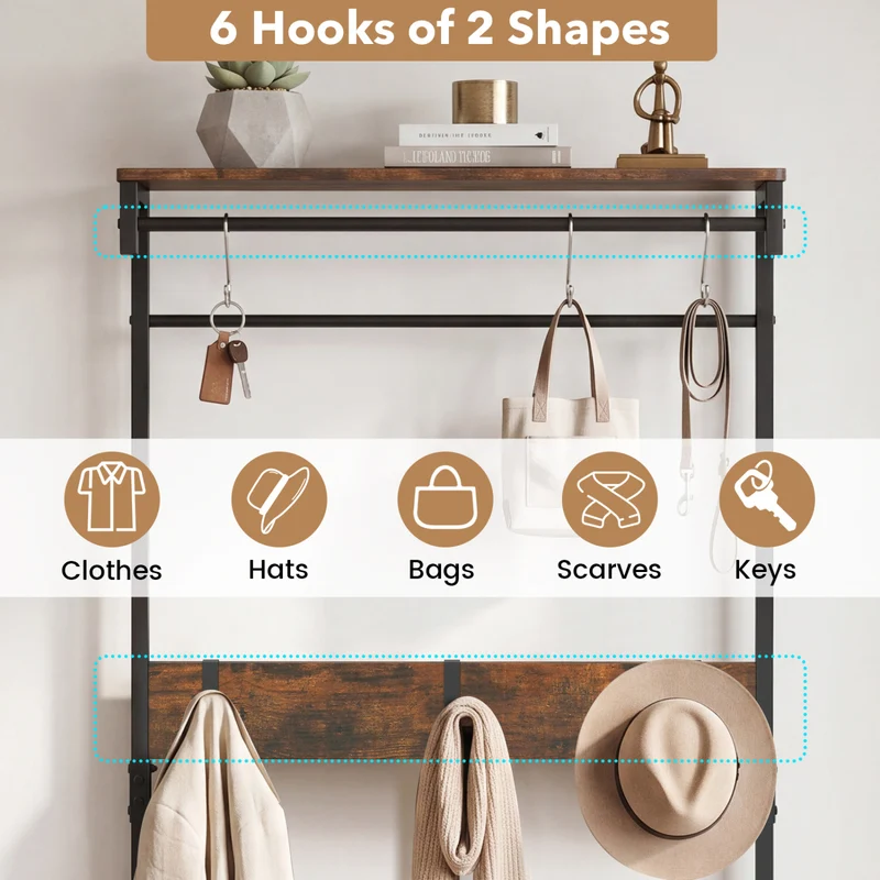 Coat Rack With Shoe Bench, 4-In-1 Hall Tree, Brown