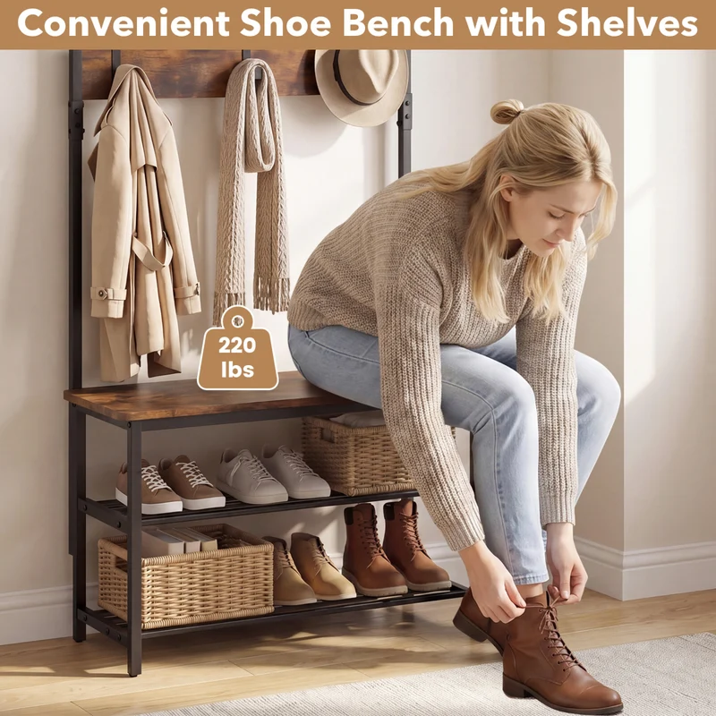 Coat Rack With Shoe Bench, 4-In-1 Hall Tree, Brown