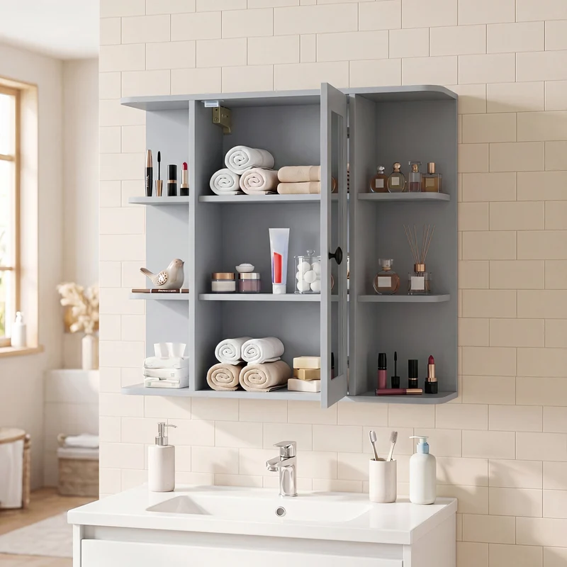 Wall Mounted Medicine Cabinet with Mirror, Gray