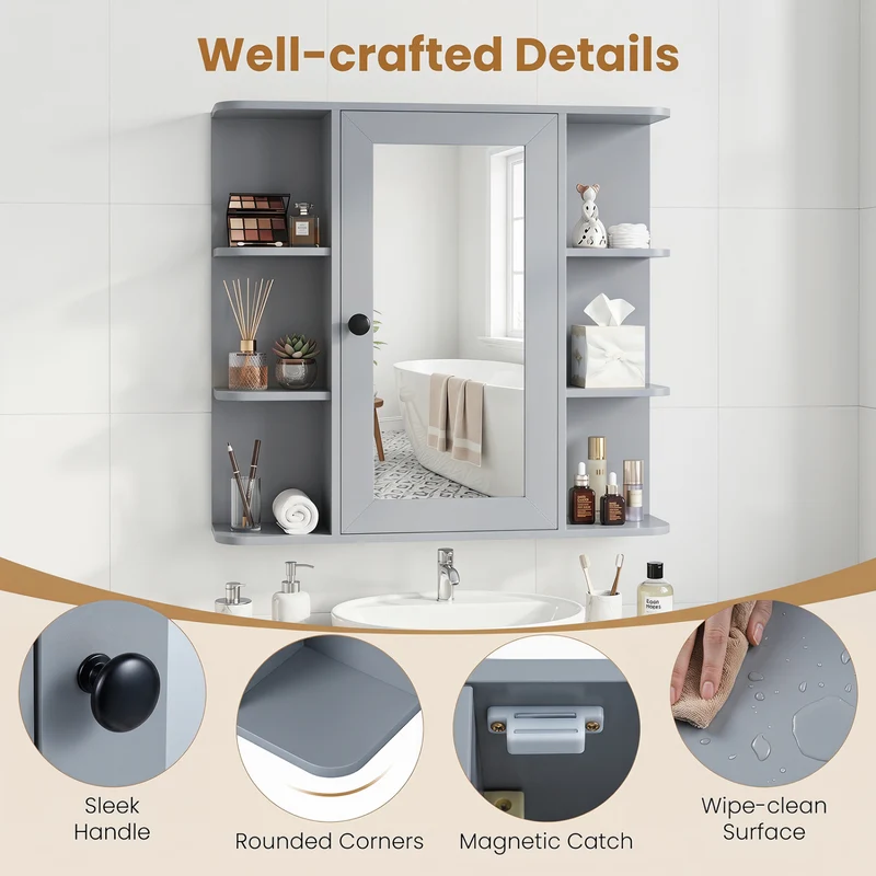 Wall Mounted Medicine Cabinet with Mirror, Gray