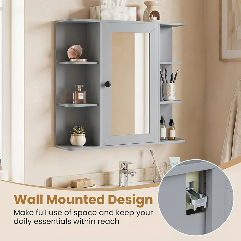 Wall Mounted Medicine Cabinet with Mirror, Gray