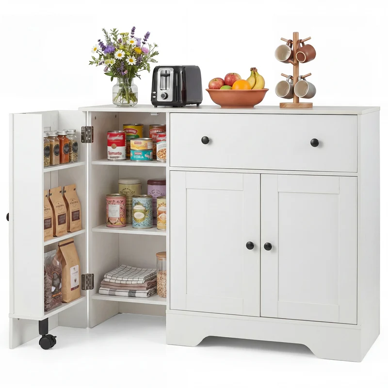 Modern Coffee Bar Cabinet 41.5", 3 Doors Rolling Wheel, White