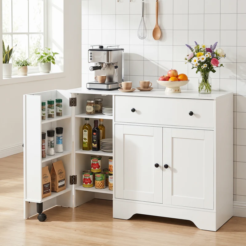 Modern Coffee Bar Cabinet 41.5", 3 Doors Rolling Wheel, White