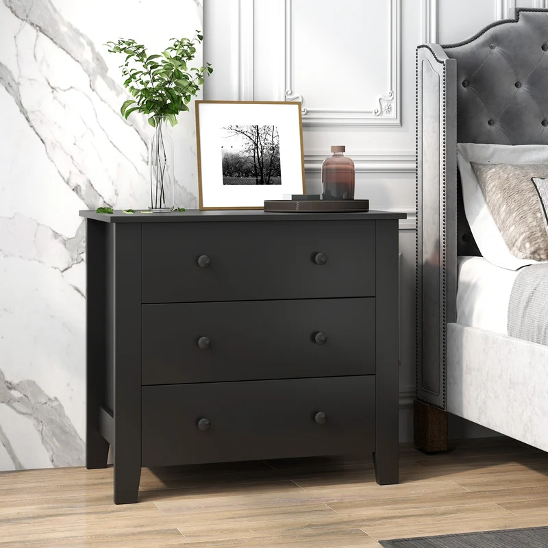 3 Drawer Dresser Chest, Wood Grain, Black