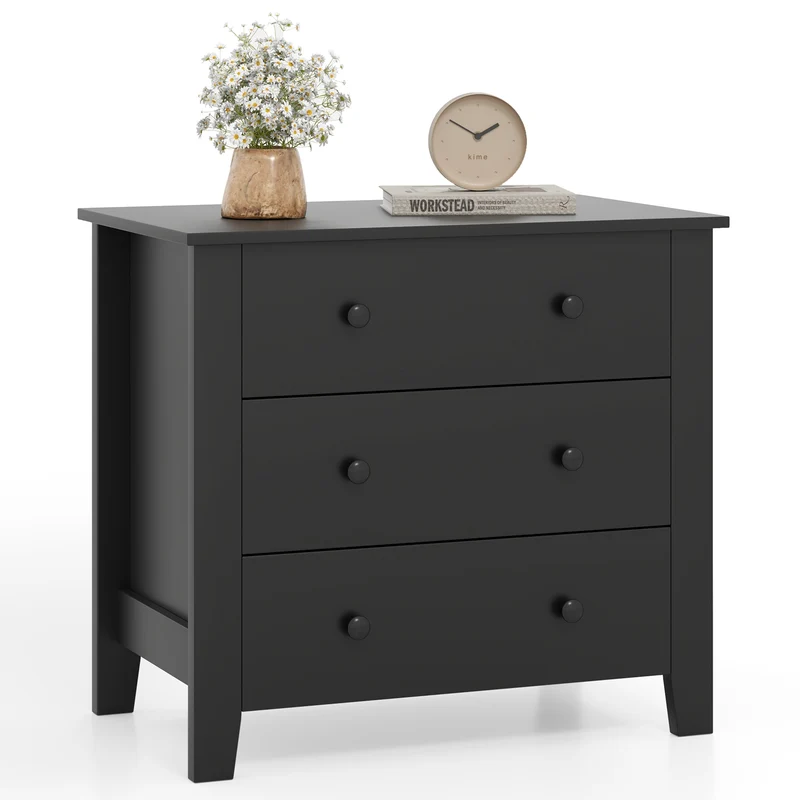 3 Drawer Dresser Chest, Wood Grain, Black