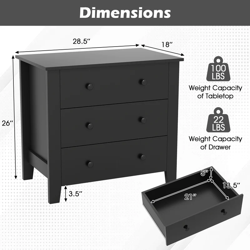 3 Drawer Dresser Chest, Wood Grain, Black