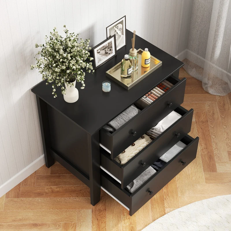 3 Drawer Dresser Chest, Wood Grain, Black