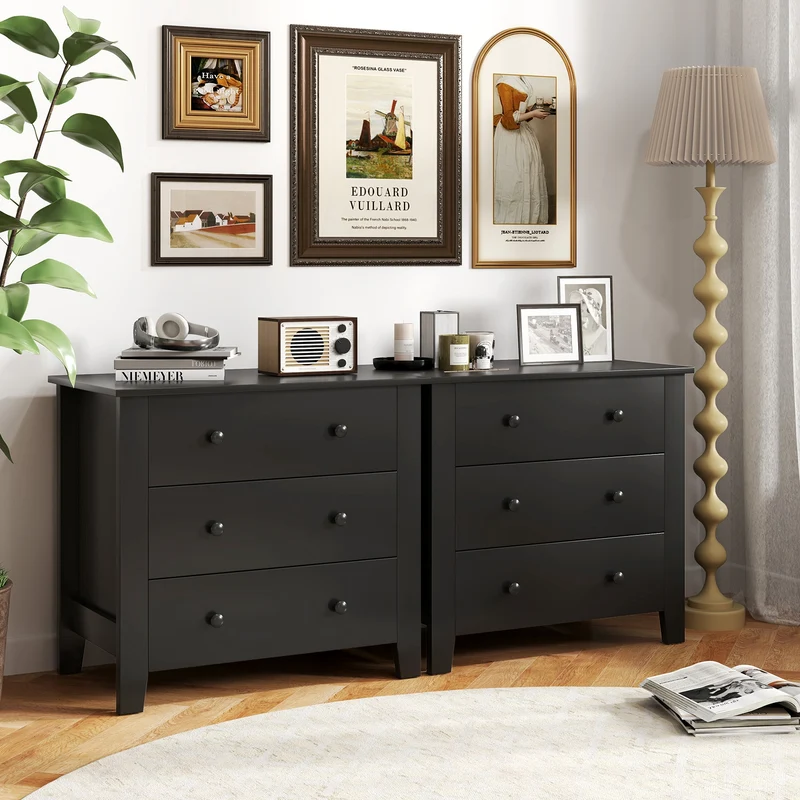 3 Drawer Dresser Chest, Wood Grain, Black