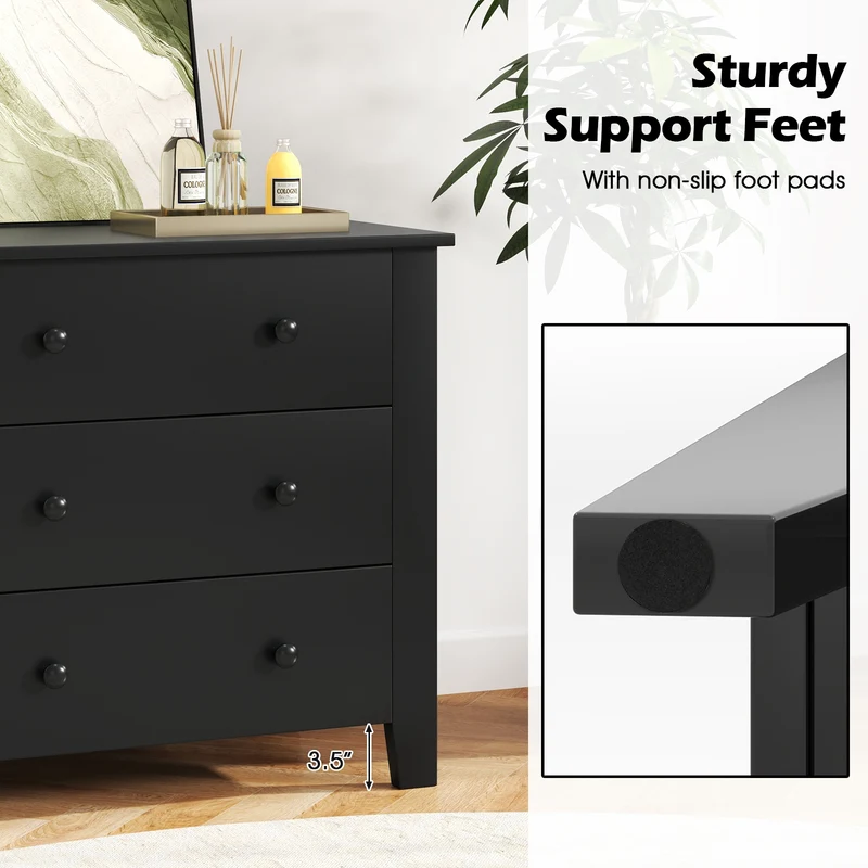 3 Drawer Dresser Chest, Wood Grain, Black