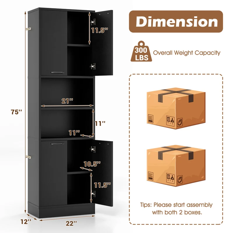 75 Inch Kitchen Pantry Cabinet, Tall Cupboard With Doors And Shelves, Black