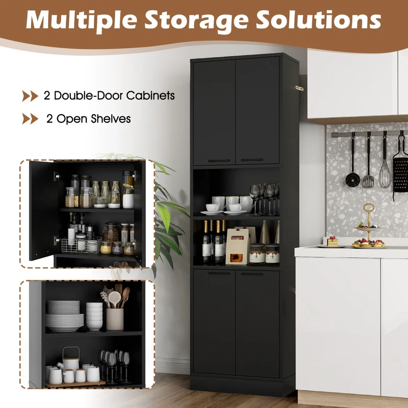 75 Inch Kitchen Pantry Cabinet, Tall Cupboard With Doors And Shelves, Black