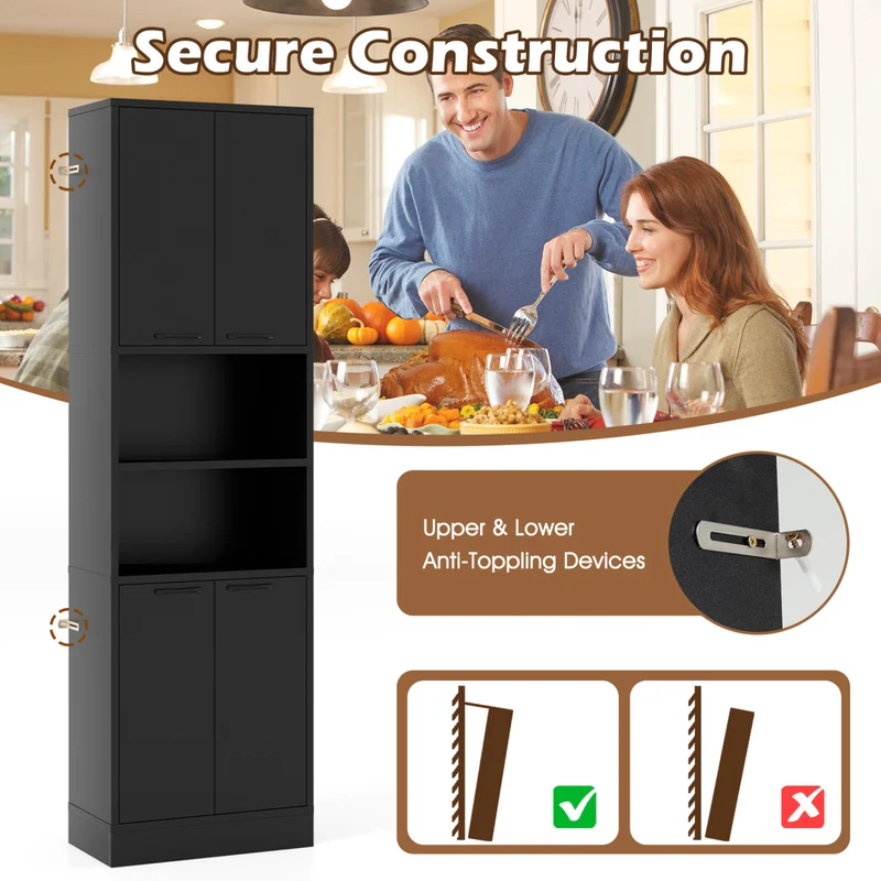 75 Inch Kitchen Pantry Cabinet, Tall Cupboard With Doors And Shelves, Black