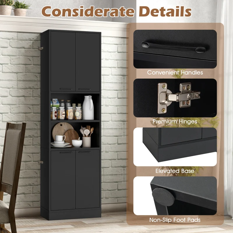 75 Inch Kitchen Pantry Cabinet, Tall Cupboard With Doors And Shelves, Black