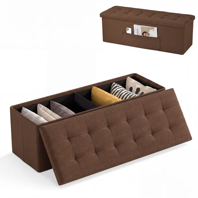 43 Inches Folding Storage Ottoman Bench, Linen, Padded Seat, Brown