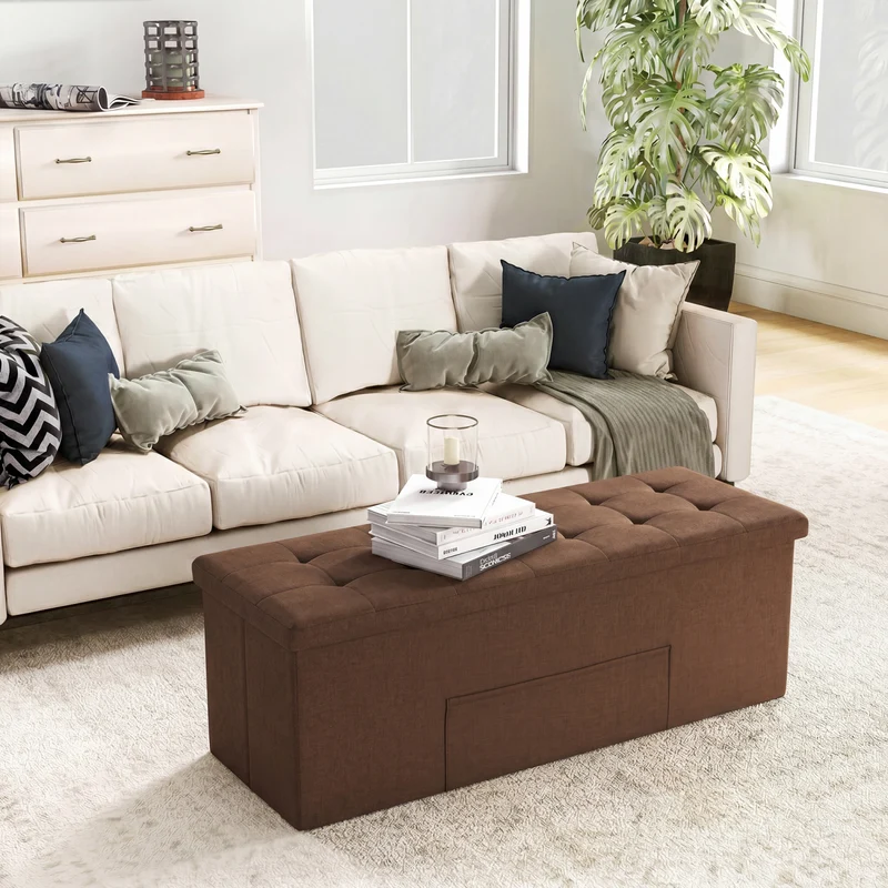 43 Inches Folding Storage Ottoman Bench, Linen, Padded Seat, Brown