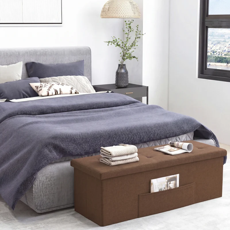 43 Inches Folding Storage Ottoman Bench, Linen, Padded Seat, Brown
