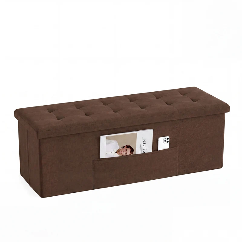 43 Inches Folding Storage Ottoman Bench, Linen, Padded Seat, Brown