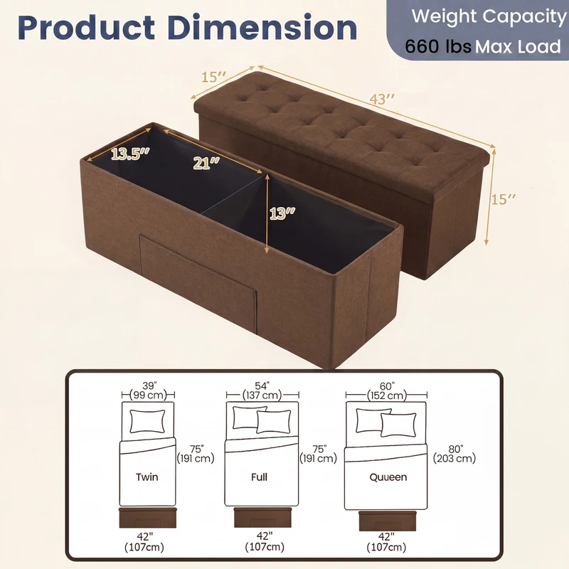 43 Inches Folding Storage Ottoman Bench, Linen, Padded Seat, Brown