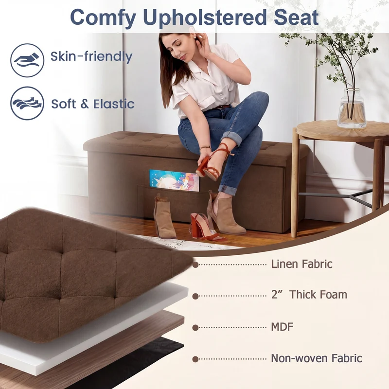 43 Inches Folding Storage Ottoman Bench, Linen, Padded Seat, Brown